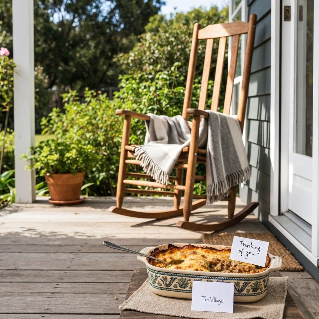 A casserole on a porch, next to a card that says "Thinking of you"