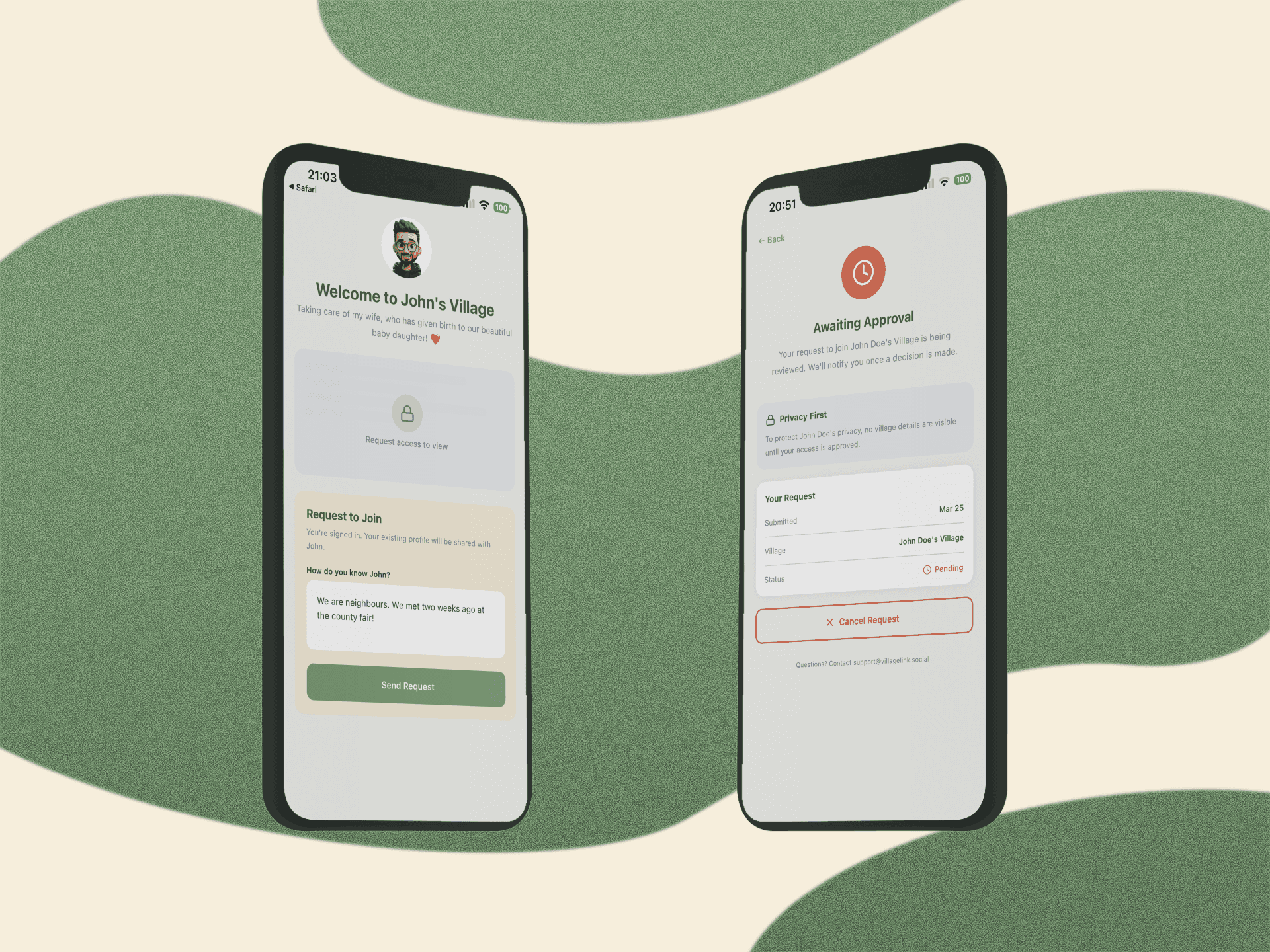 Two phone screens: someone asking to join John's Village, and their request waiting for approval